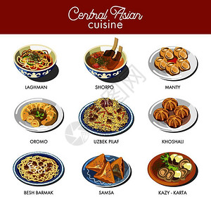中亚食物烹饪传统菜乌兹别克比拉夫大米克曼汤或沙帕肉卷饼卡齐和贝什巴马克精油铃薯面条和拉克曼背景图片