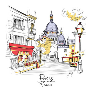 草图建筑法国巴黎Montmartre区Tertre和SacreteCoeur广场的矢量草图法国巴黎Montmartre区法国巴黎Mont插画