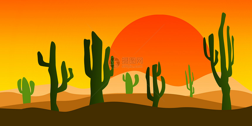 日落时的沙漠景观仙人掌3D转化图片