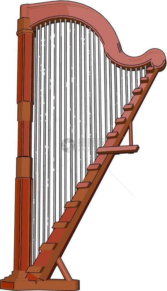 竖琴是一种弦乐器有数个字符串从一角度运行到声音板由木质矢量彩色绘画或插图组成图片