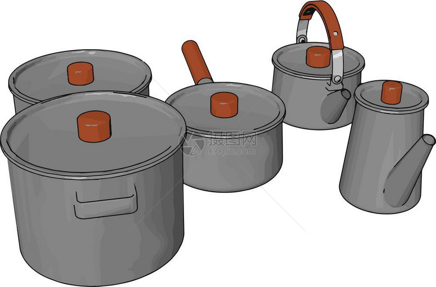 厨房的炉灶如酱锅壶等盖将食物储存在它的矢量彩色绘画或插图中图片