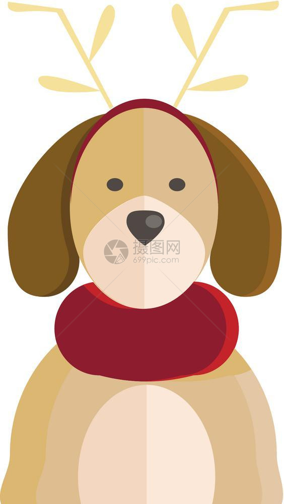 一条带角装的狗和颈矢量彩色绘画或插图上的红色围巾图片