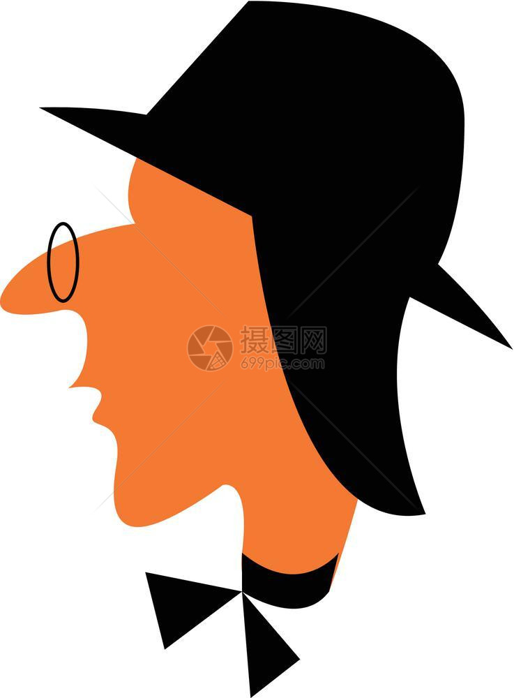 戴黑帽子领带和圆眼镜的男子侧面脸部矢量彩色绘画或插图图片