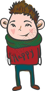 好冷啊男孩穿着红色毛衣感觉很好穿着红色毛衣写快乐的矢量颜色画或插图插画