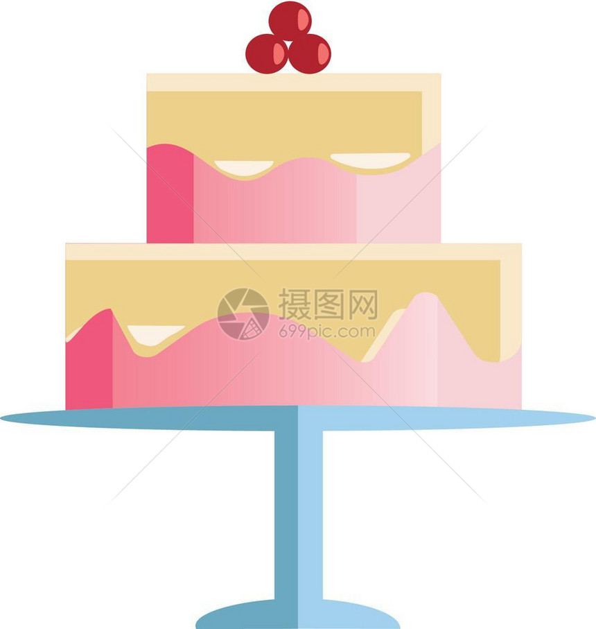一个两层庆祝蛋糕上面矢量彩色绘图或插上有粉红霜和樱桃图片