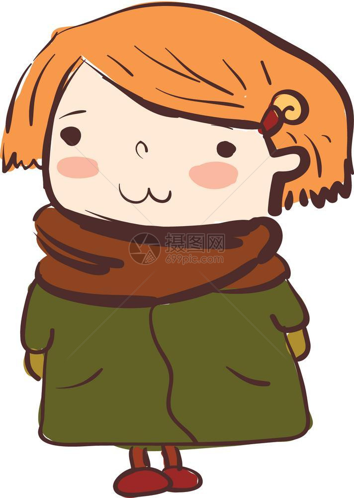 一个小女孩穿着温暖的冬衣绿色大棕围巾矢量彩绘画或插图图片