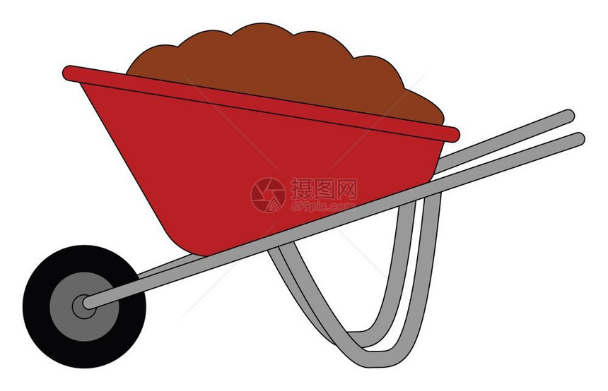 红色的手推车有两个轮子里面满是沙子矢量彩色绘画或插图图片
