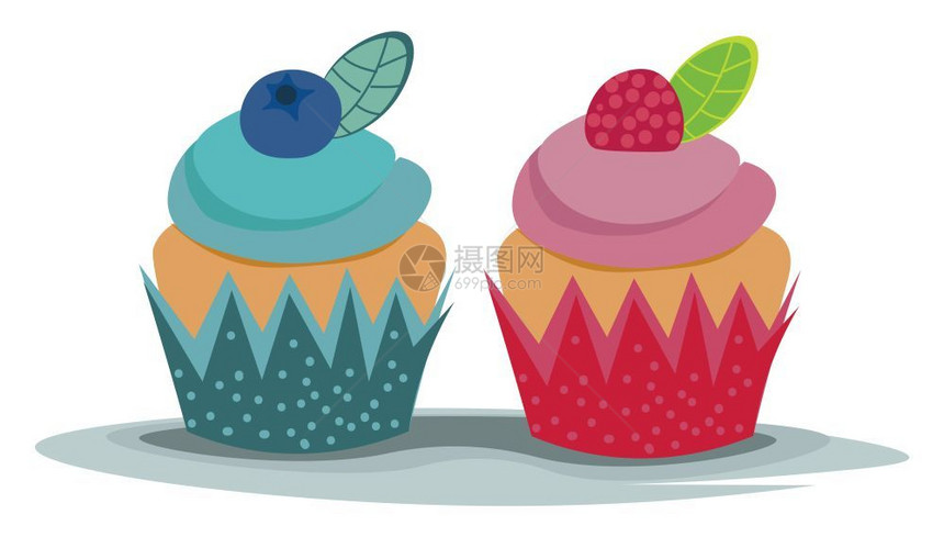 两个小可爱的白莓蛋糕蓝色和粉颜矢量彩绘画或插图图片