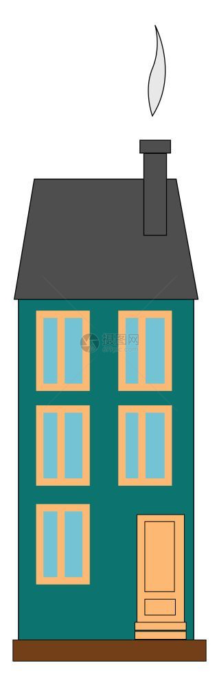 高的蓝色建筑有单门和四个窗口矢量彩色图画或插图片