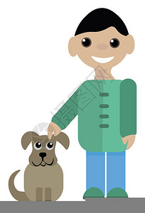 一个小男孩带着可爱的小狗宠物棕色矢量彩画或插图图片