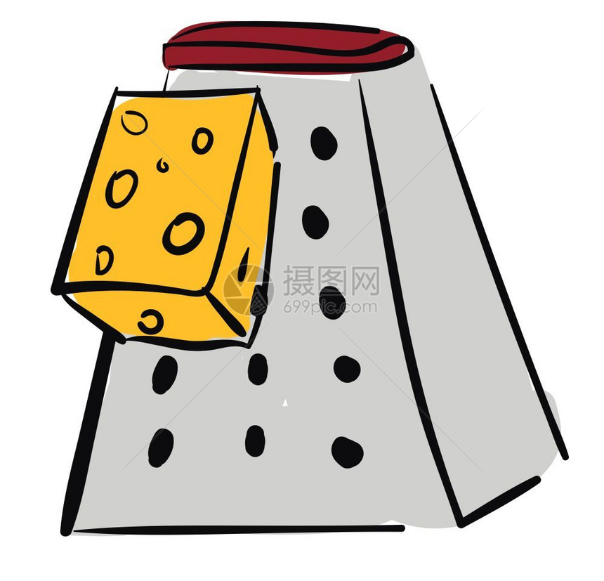 一个奶酪磨刀上面有小孔来磨干酪矢量彩色绘画或插图图片
