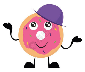 粉红色的草莓甜圈上面喷洒着上面戴紫色帽子矢量彩色图画或插图片