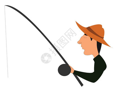 渔夫帽子身戴黑帽子的渔民站在钓竿向量彩色图画或插上插画