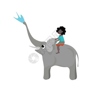 一个可爱的小女孩坐在大象上玩水 背景图片