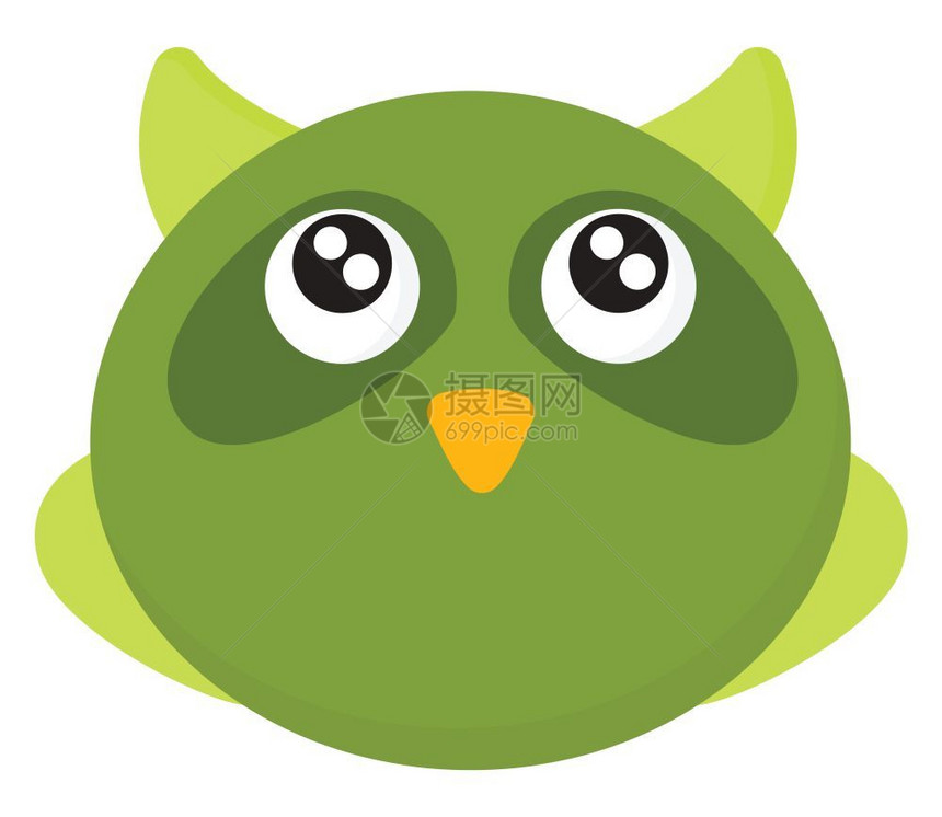一只绿色的小可爱猫头鹰眼睛大向量彩色绘画或插图图片