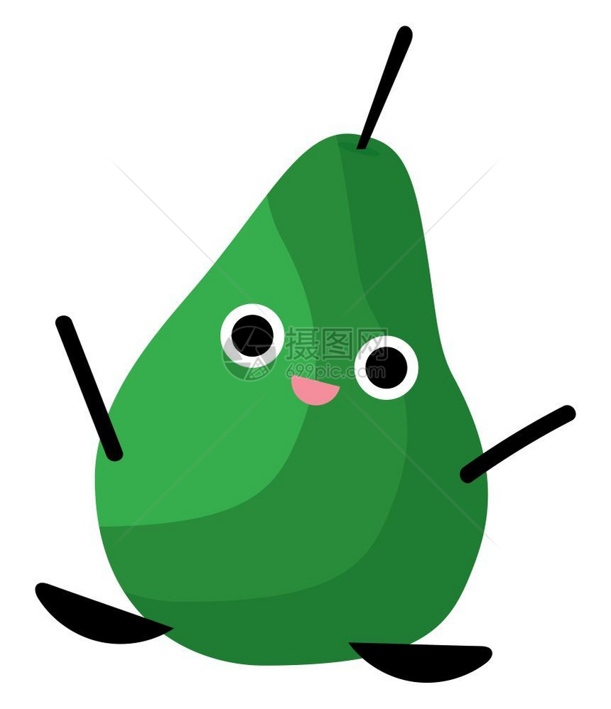 绿色快乐的梨子有双腿和手矢量彩色绘画或插图图片