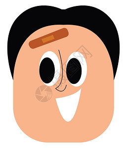 一名卡通男孩的面部在前额上戴带条用向左滚动的双眼遮盖轻伤他的脸部是笑矢量彩色绘画或插图插画