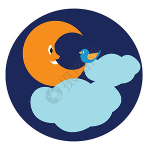 棕色月亮在黄嘴和羽毛的小蓝鸟面前微笑天空浮云如背景矢量彩色图画或插图片
