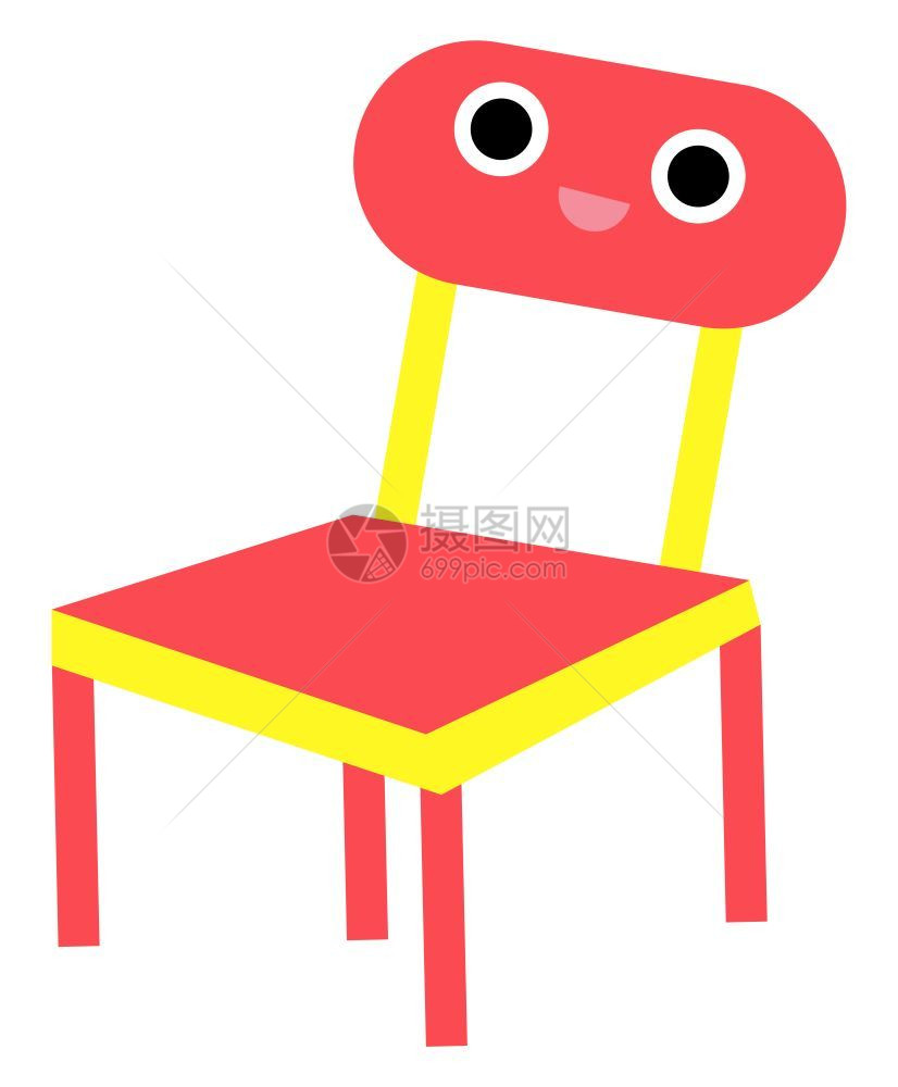 红椅子的Emoji带有方形的座位四条腿和后背支架或铁轨有可爱的小脸孔两只大眼睛玫瑰嘴唇在微笑向量彩色画或插图图片