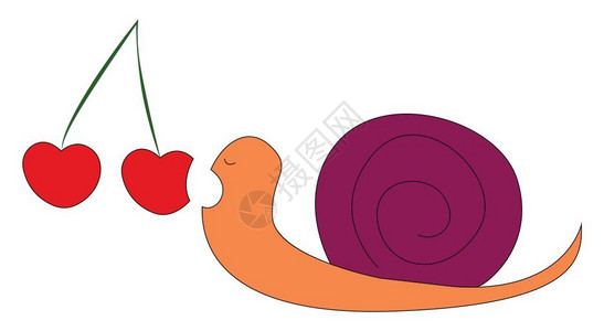 卡通可爱吃樱桃的蜗牛矢量插图图片
