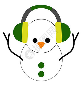 绿色音乐符光效一个可爱的雪人有两个不同大小的球装饰用两个圆形绿按钮有两只眼睛和黄嘴享受绿色耳机向量彩色画或插图的音乐插画