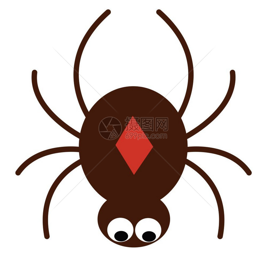棕色的卡通蜘蛛在奥瓦尔形的身体上有着红色的钻石设计圆形头双大眼睛翻倒着满是八条树枝般的腿矢量彩色画或插图图片