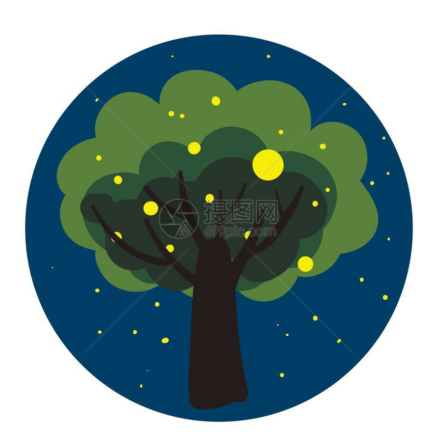 夜间蓝色背上的树矢量元素图片