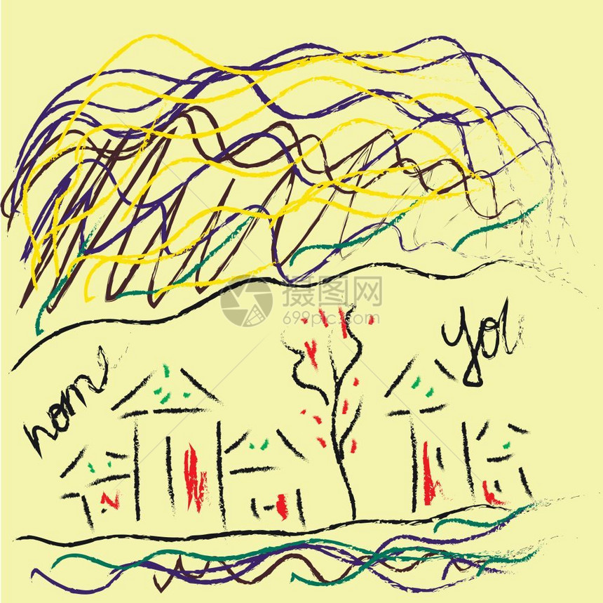 手绘有树木房屋的儿童画图片