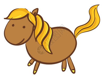 一张长得有趣的棕色马漫画上面有金色的尾巴矢量彩色图画或插图片