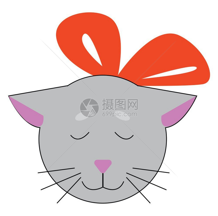 灰小猫有粉色鼻子和橙丝带矢量彩色图画或插图片