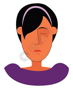 一个小女孩肖像穿着紫罗兰裙子闭着眼睛矢量彩色画或插图图片