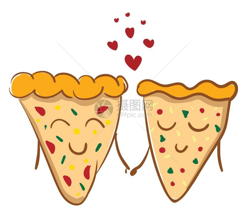 两块披萨牵着爱矢量彩色画或插图图片