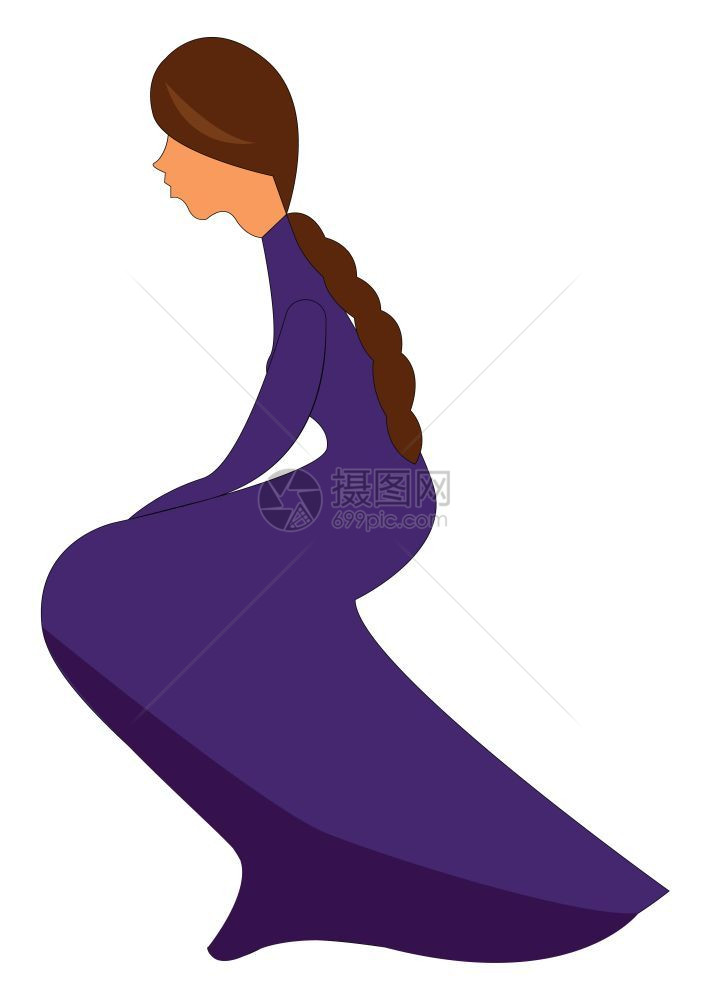 一个穿着长紫色裙子向量彩色画或插图的悲伤女孩图片