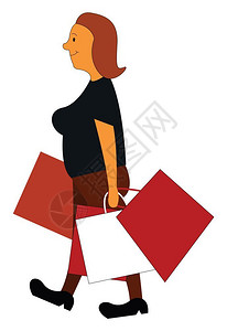 一个快乐的女人购物有很多袋矢量彩色绘画或插图图片