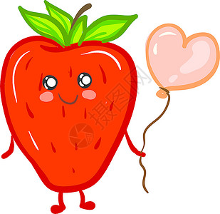 一只大草莓手上有心形气球矢量彩色画或插图背景图片
