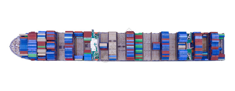 在出口进业务物流和运输概念中集装箱货轮空中最高视角是国际货物在白色背景中孤立背景图片