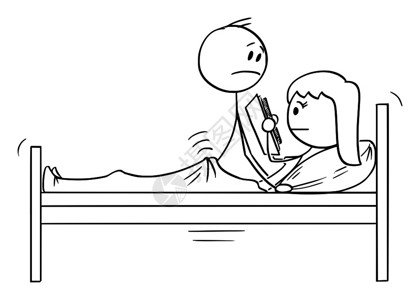 矢量卡通插图绘制异夫妇和冷冻女在床上交或的概念插图而妇女正在阅读书籍图片