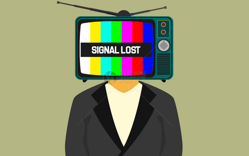 电视在一个人的头上与信号丢失的单词3D投影图片