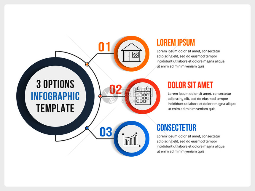 包含三个步骤或选项工作流程或图矢量eps10插图的圆形信息模板图片