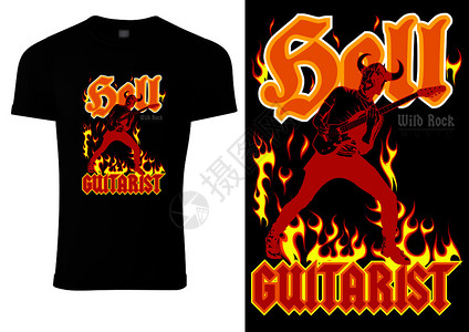 黑T恤配有吉他主义和火焰的黑T恤图片