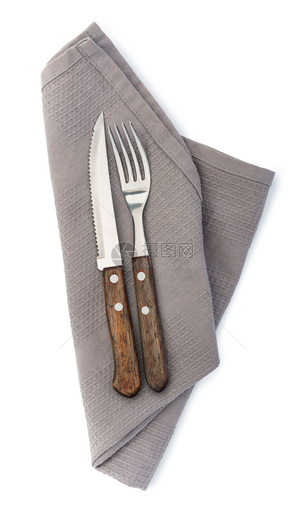 餐具套装与叉子和刀隔离在白色背景上叉子和刀图片