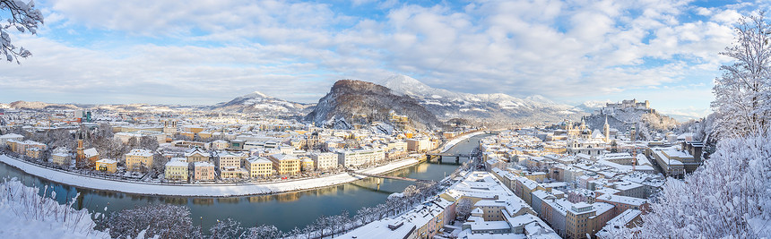 冬季萨尔茨堡全景雪历史中心阳光图片