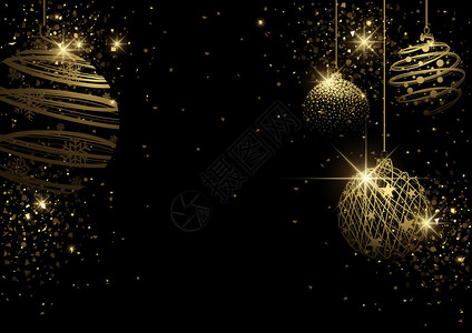 金色闪耀圣诞球黑色圣诞背景带金线鲍伯插画
