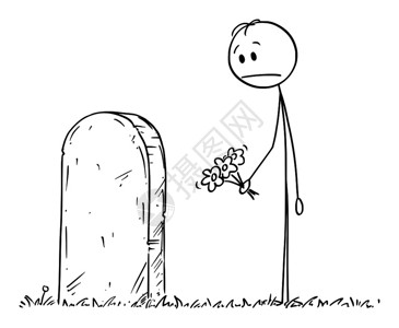 悲痛Victor漫画棒图绘制在上献花坟的悲伤男子概念插图插画