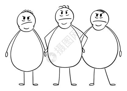 查鲁克亚矢量卡通棒图绘制三个愤怒超重或胖男子群体的概念说明插画