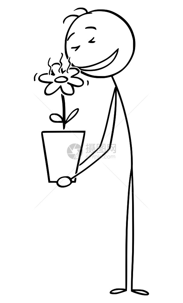 矢量卡通棒图绘制人类在植物锅中闻到美丽花朵香味的概念插图图片