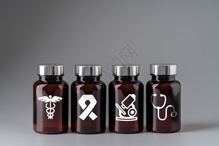 全球保健药品瓶上的医学图标图片