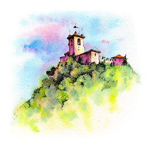 泰坦陨落圣马力诺市Titano山脊上的Guaita堡垒或PrimaTorre水彩色草图背景