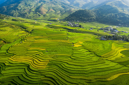 亩稻田梯MuCangChaiYenBai农村或地区绿色业田亚洲和越南日落时山峰谷的空中最高景象自然观背背景