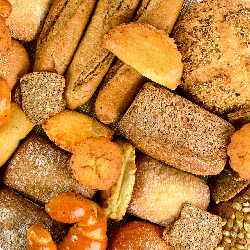面包和卷饼的顶端景色健康的食物背景图片